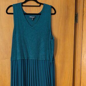 Montgomery Post Teal Mixed Media Pleated Midi Dress - Plus Size 2X